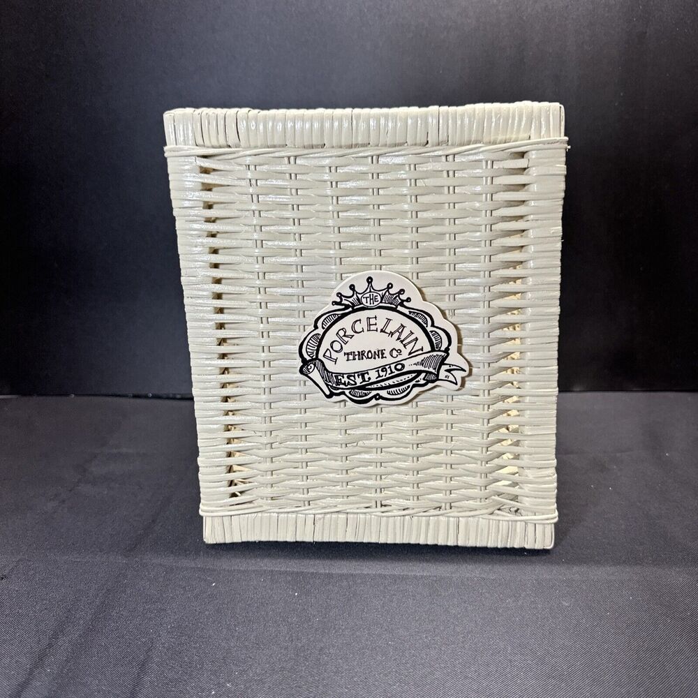 Vintage The Porcelain Throne CO White Wicker Wastebasket - The Blonder Co. USA
